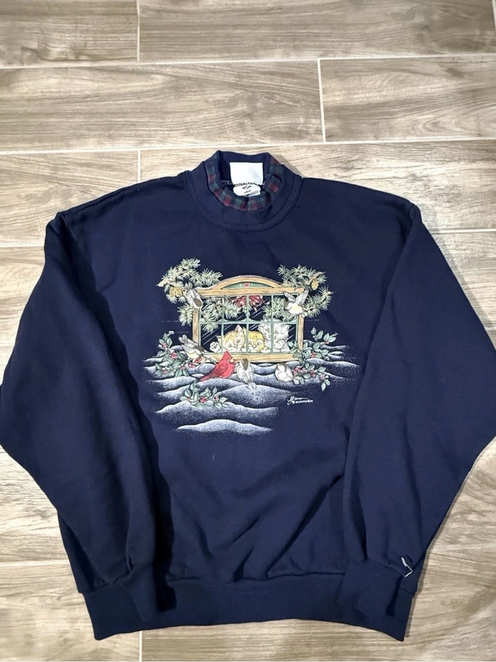 Morning Sun Women's Winter Kittens Plaid Mock Neck Vintage Sweatshirt Large 90s